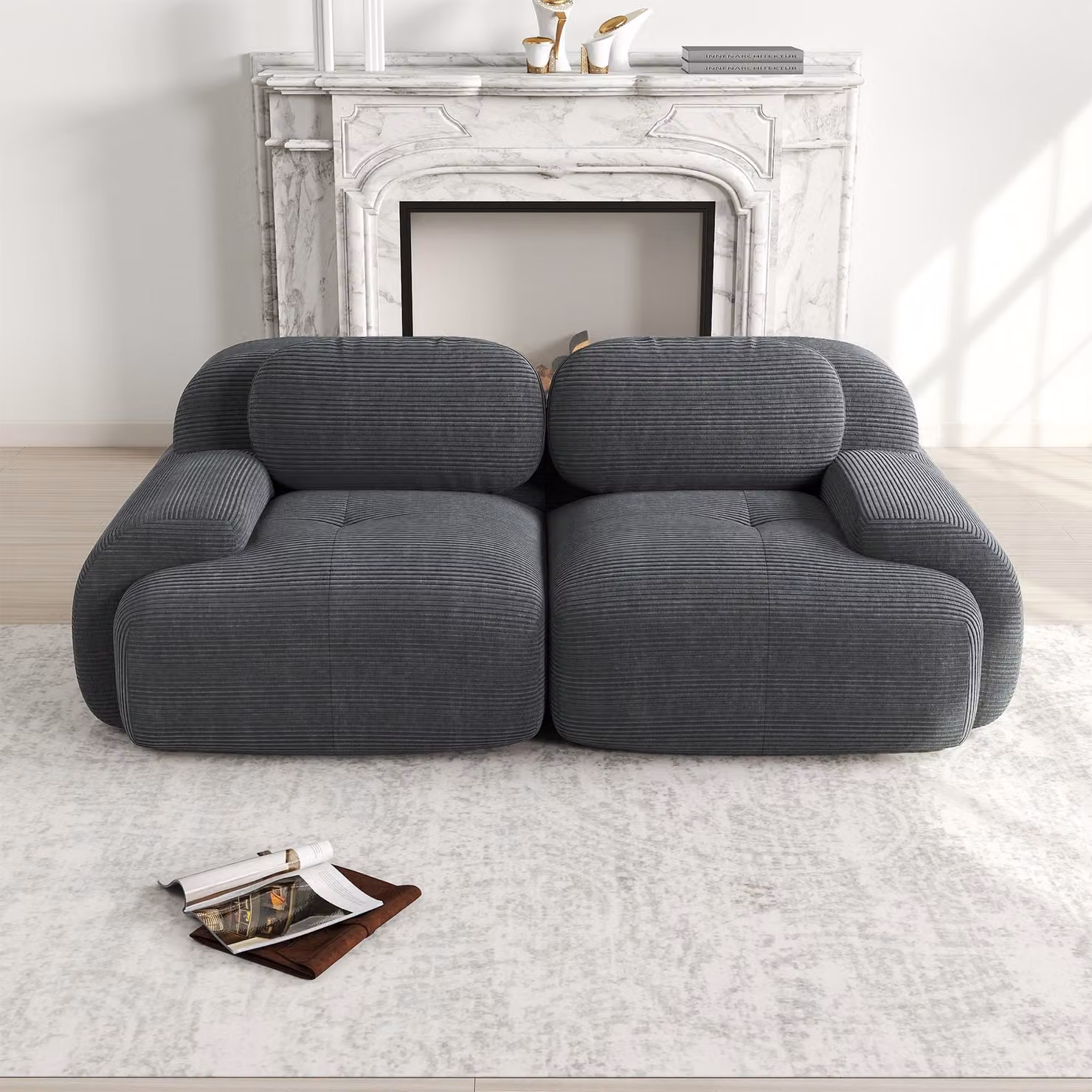 Divano a due posti, corda, senza struttura, modulare, braccioli curvi, antiscivolo, altamente elastico (grigio)