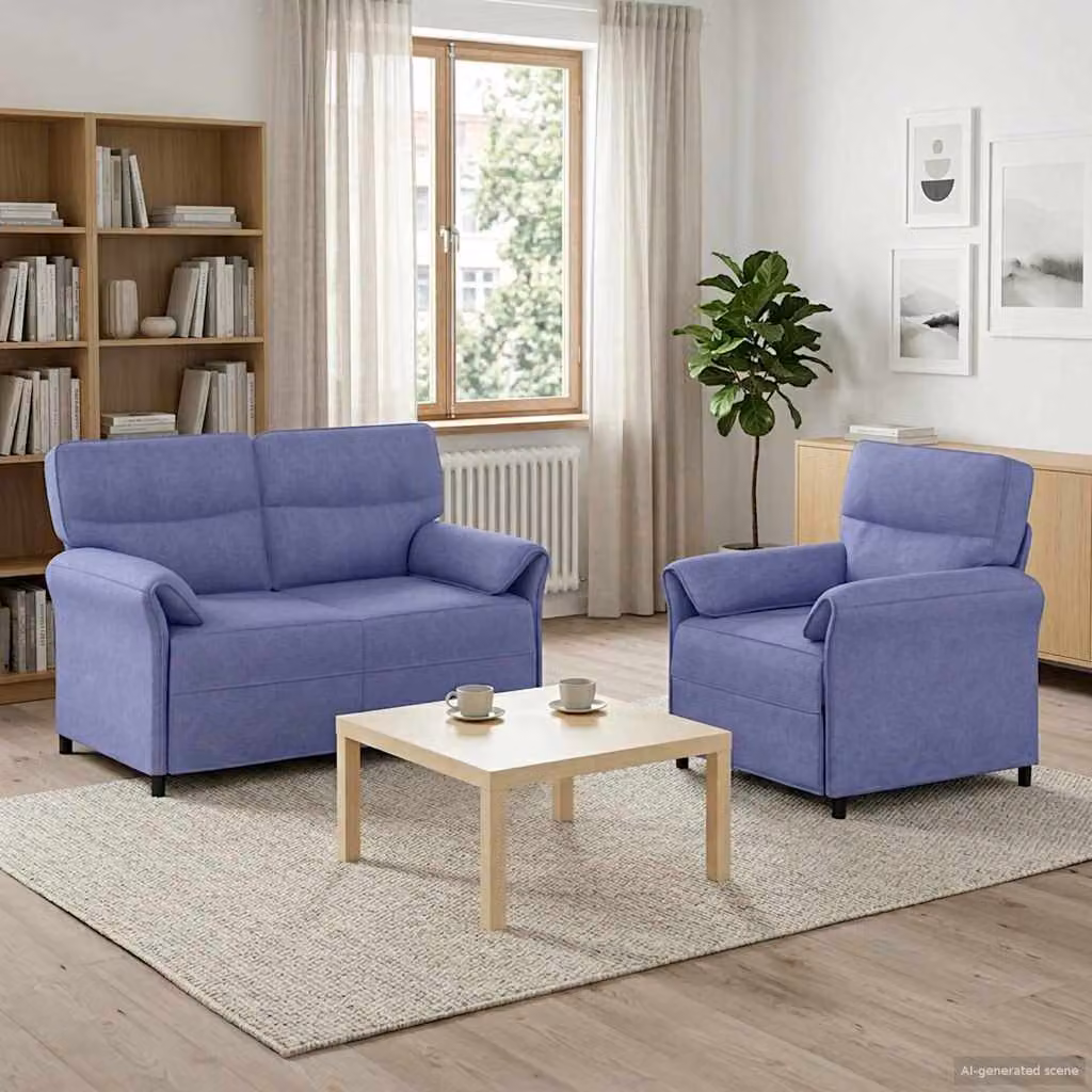 Set di 2 divani moderni vidaXL in tessuto blu jeans con struttura in metallo e cuscini inclusi