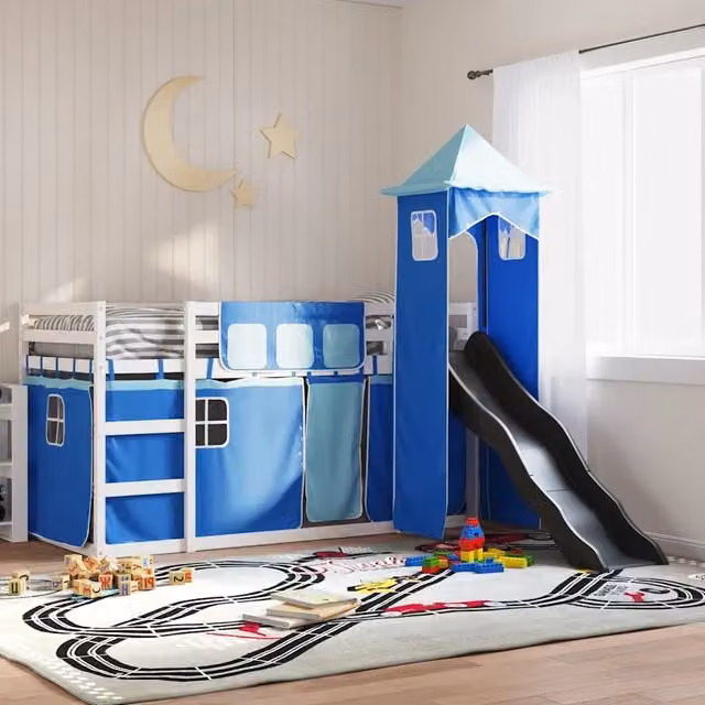 Letto a castello per bambini vidaXL in legno di pino con scivolo e tende blu L/P/H: 190 x 90 x 195,5 cm
