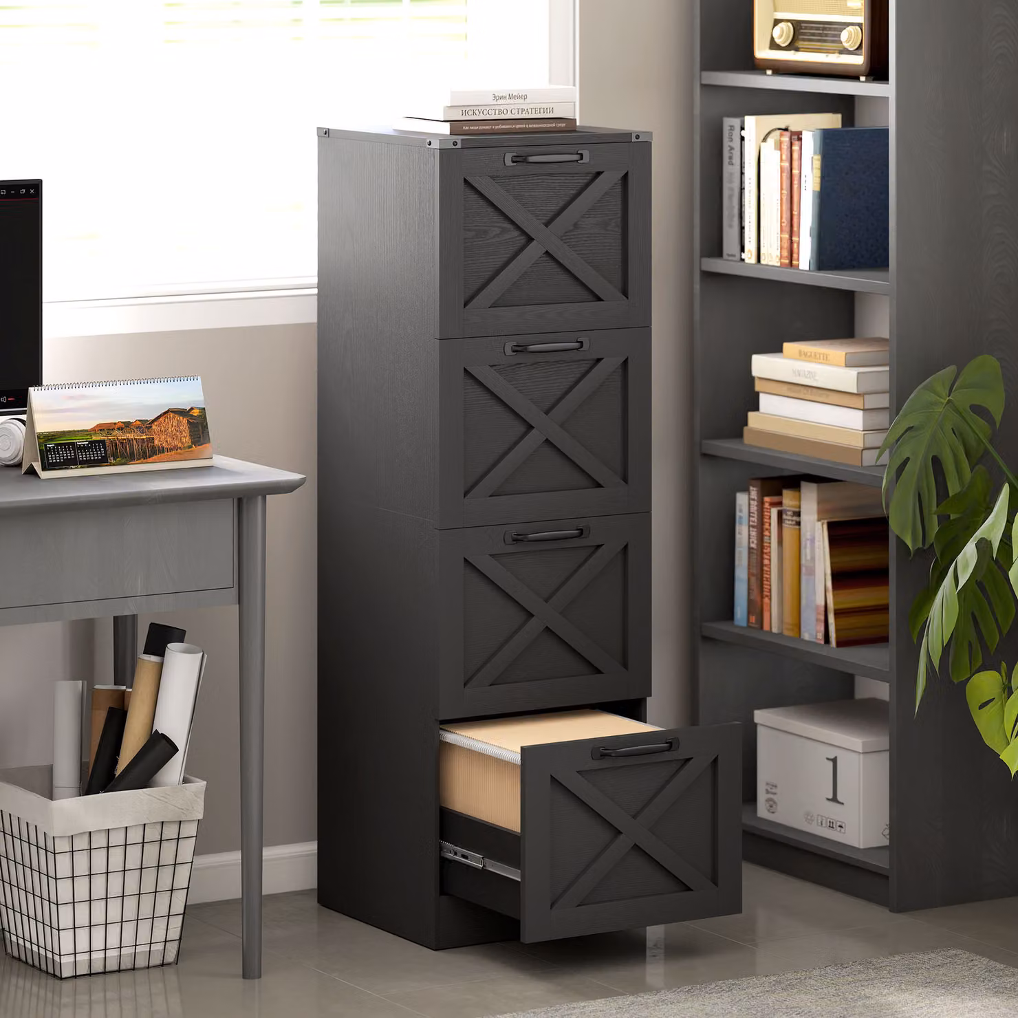 Cassettiera da ufficio HOMCOM con 4 cassetti per cartelle A4, Nero, L/P/H: 40 x 40 x 131 cm – 2