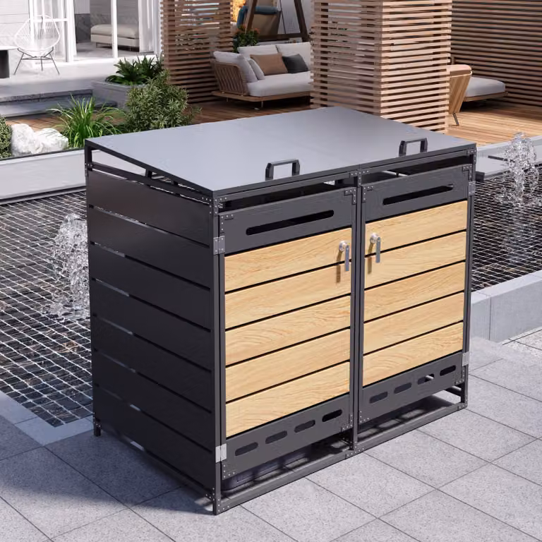 Contenitore per bidoni della spazzatura, adatto per 2 bidoni, con coperchio idraulico, 2 scomparti separati, sistema di ventilazione, realizzato in ferro con trattamento antiruggine, con serratura, colore nero