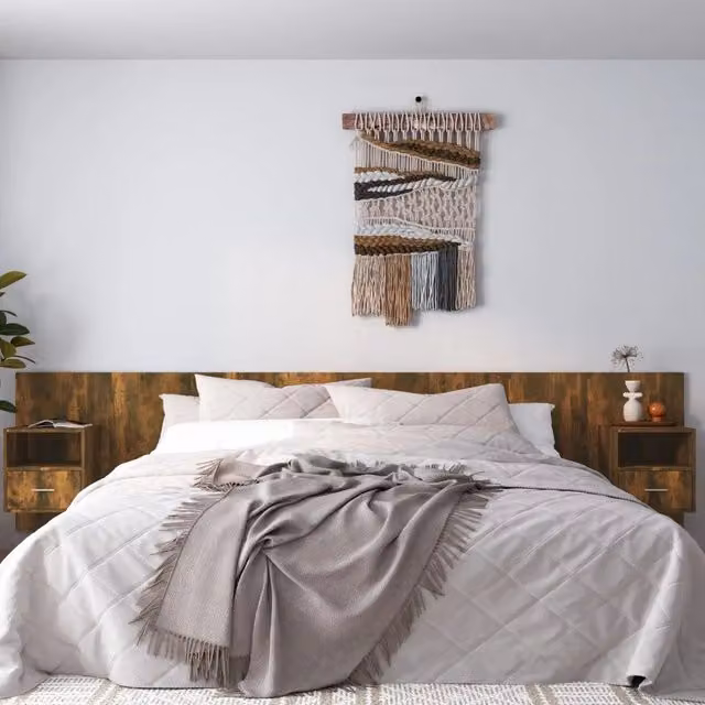 Testiera Letto con Comodini-Testiera con Contenitore Rovere Fumo in Legno Multistrato 409258
