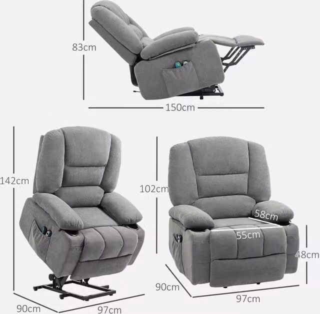 Poltrona relax con massaggio a 8 punti, funzione calore e alzapersona MIVRAY, colore grigio, L: 102 cm, P: 90 cm, H: 97 cm – 1