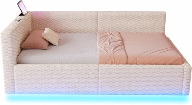 Letto singolo imbottito 90x200 cm con contenitore idraulico; LED e USB-C; velluto beige