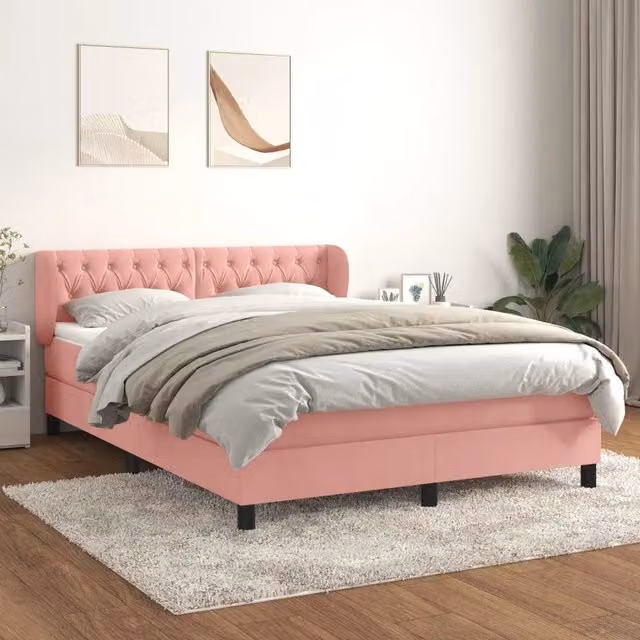 Letto con Giroletto a Molle e Materasso Ibrido vidaXL in Velluto Rosa e Bianco, L/P/H: 140 x 200 x 88 cm – 1