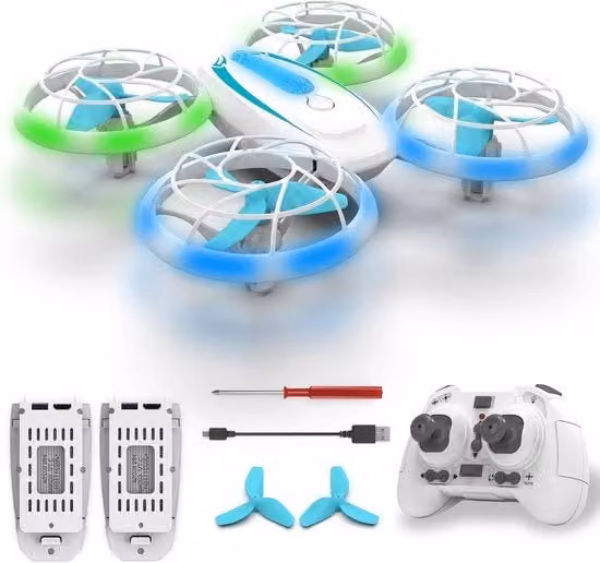 Drone per bambini con luci blu e verde, rotazione 360°, mantenimento dell'altezza e modalità headless, completo di 2 batterie ricaricabili