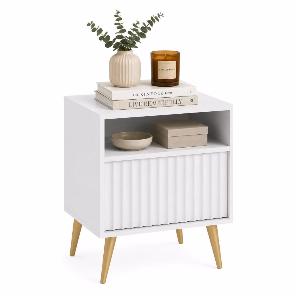Comodino con un cassetto DMORA Ledareno Bianco e Oro L 47 cm, P 40 cm, H 61 cm – 2