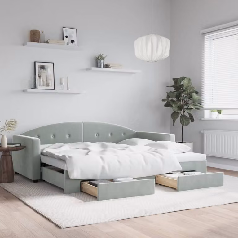 vidaXL Divano Letto Estraibile con Cassetti in Velluto Grigio L/P/H: 90 x 200 cm