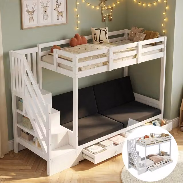 Letto a castello per bambini ¨C Minimal ¨C Bianco in legno 90x200cm con cassetti senza materasso