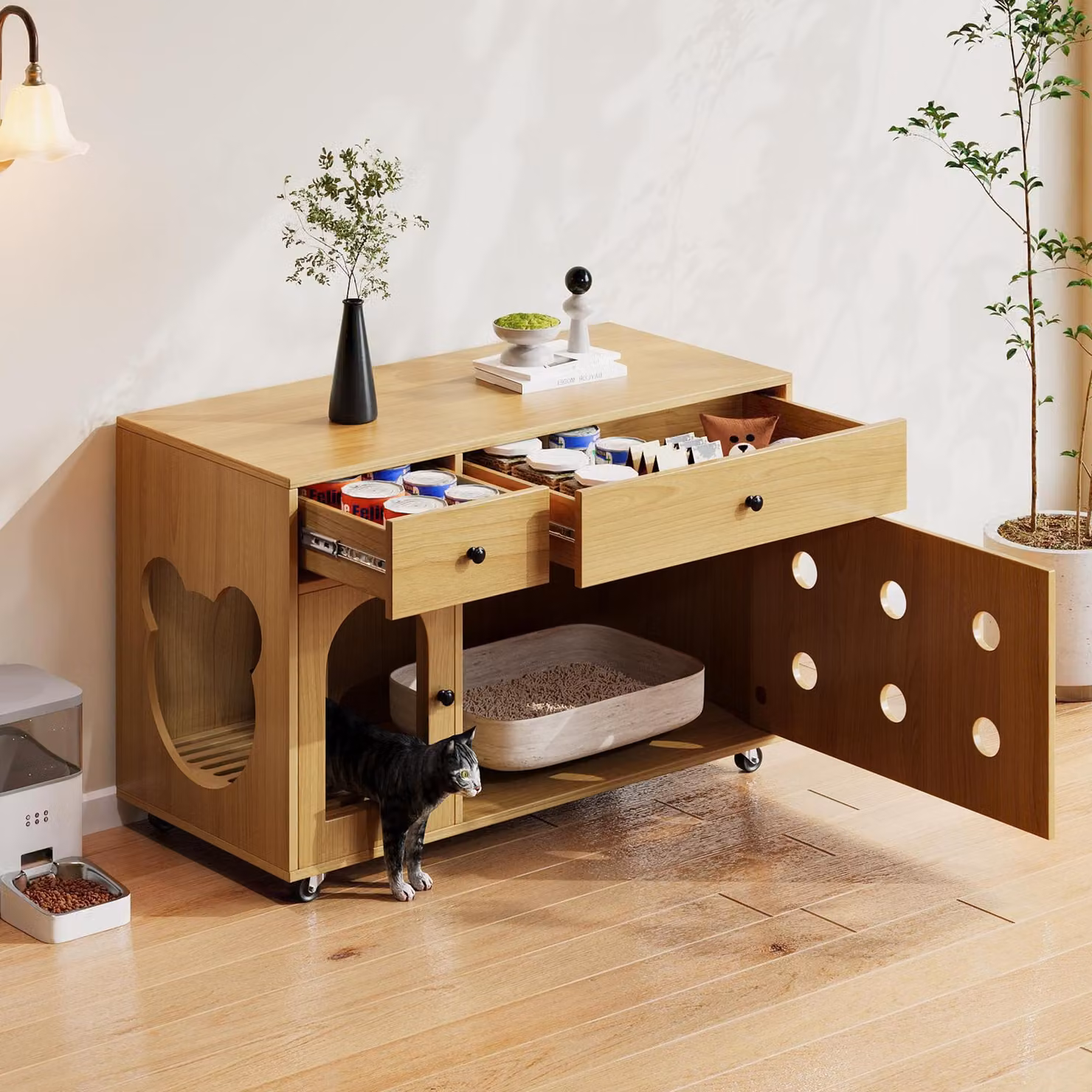 Flieks cassettiera mobile da soggiorno mobile, credenza con vassoio porta sabbia estraibile e cassetti, finitura naturale