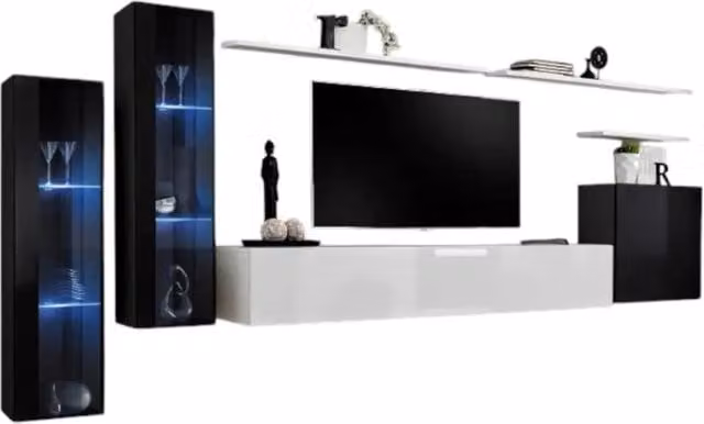 Composizione murale SWITCH XI mobile TV sospeso bianco e nero lucido 330 cm LED