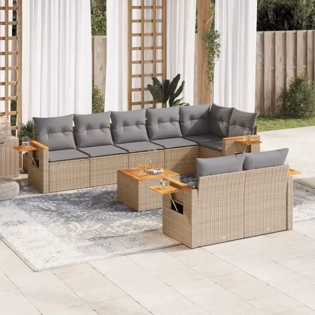 vidaXL Set Divano da Giardino 9 pz a forma di U in Polyrattan con Cuscini Beige e Tavolino da Esterno