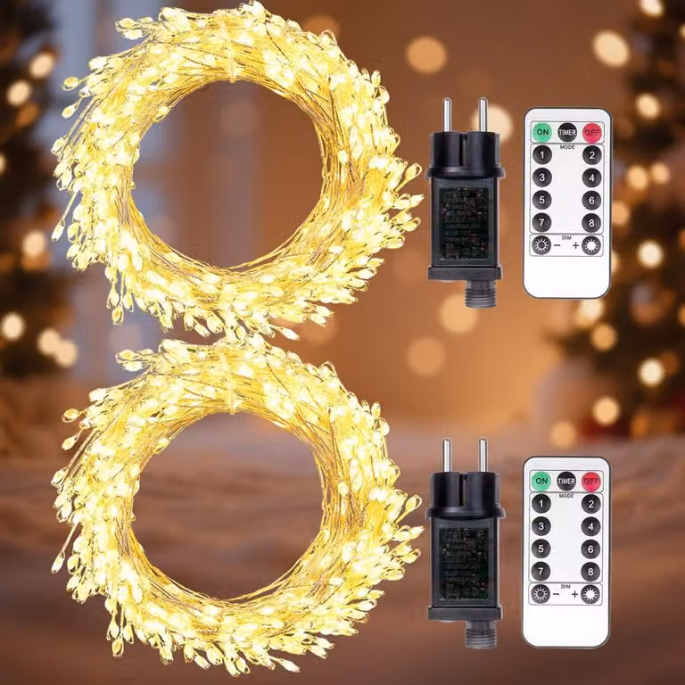 Set di luci a LED, 2 catene da 200 LED ciascuna, lunghezza 6 metri, luce bianco caldo, con telecomando e timer