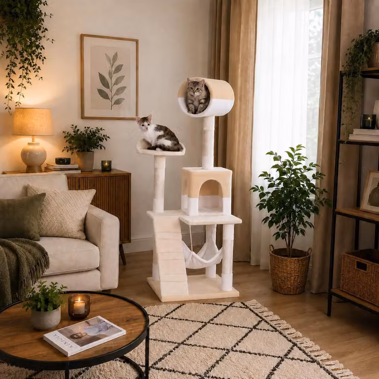 Tiragraffi per gatti Belviona, albero da arrampicata per gatti con cuccia, amaca, scaletta e piattaforma di riposo, 133 cm, beige/bianco