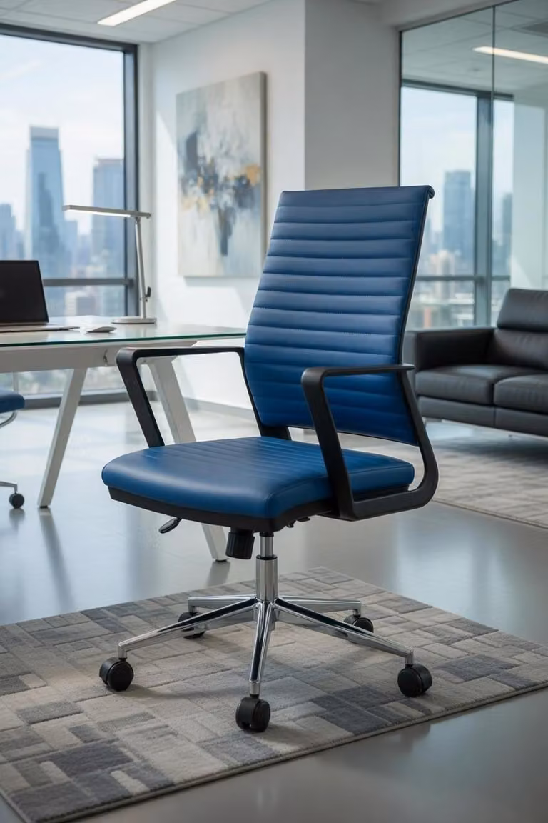 Moderna sedia da ufficio blu con supporto ergonomico e braccioli