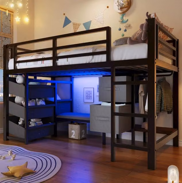Letto a soppalco 90x200 cm nero in metallo con LED e contenitori, senza materasso