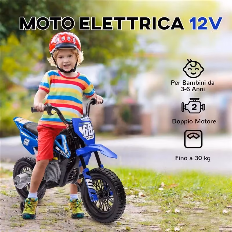 Moto elettrica per bambini con rotelle rimovibili, sospensioni, suoni e indicatore di carica, blu – 2