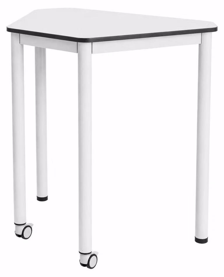 Scrivania moderna dal design minimalista, dotata di rotelle e angoli smussati