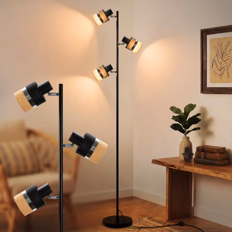 Lampada da terra per soggiorno, stile vintage, nera, con 3 luci E14, lampada da soggiorno con interruttore a pedale, paralume in tessuto, girevole a 350°, ideale come lampada da lettura per la camera da letto