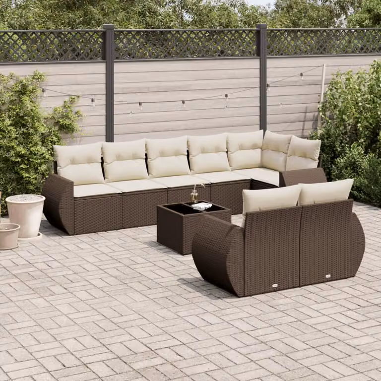 vidaXL Set Divani da Giardino 9pz in Polyrattan Marrone con Cuscini e Tavolino da Esterno