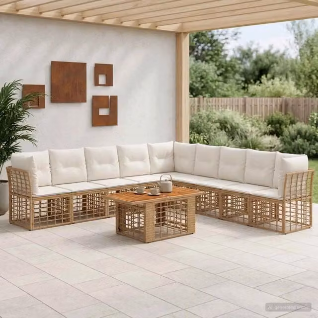 Set Divano da Giardino 10 Pezzi vidaXL in Polyrattan con Tavolino e Cuscini, Colore Naturale e Bianco Crema