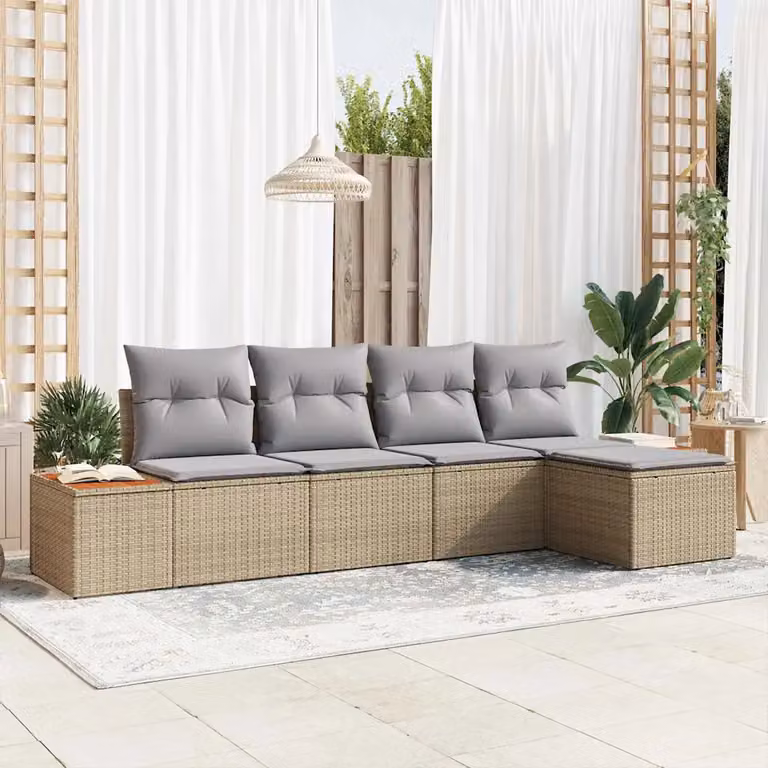 Set Divano da Giardino vidaXL 5 Pezzi a Forma di L in Poly Rattan Beige con Cuscini e Struttura in Acciaio Verniciato a Polvere