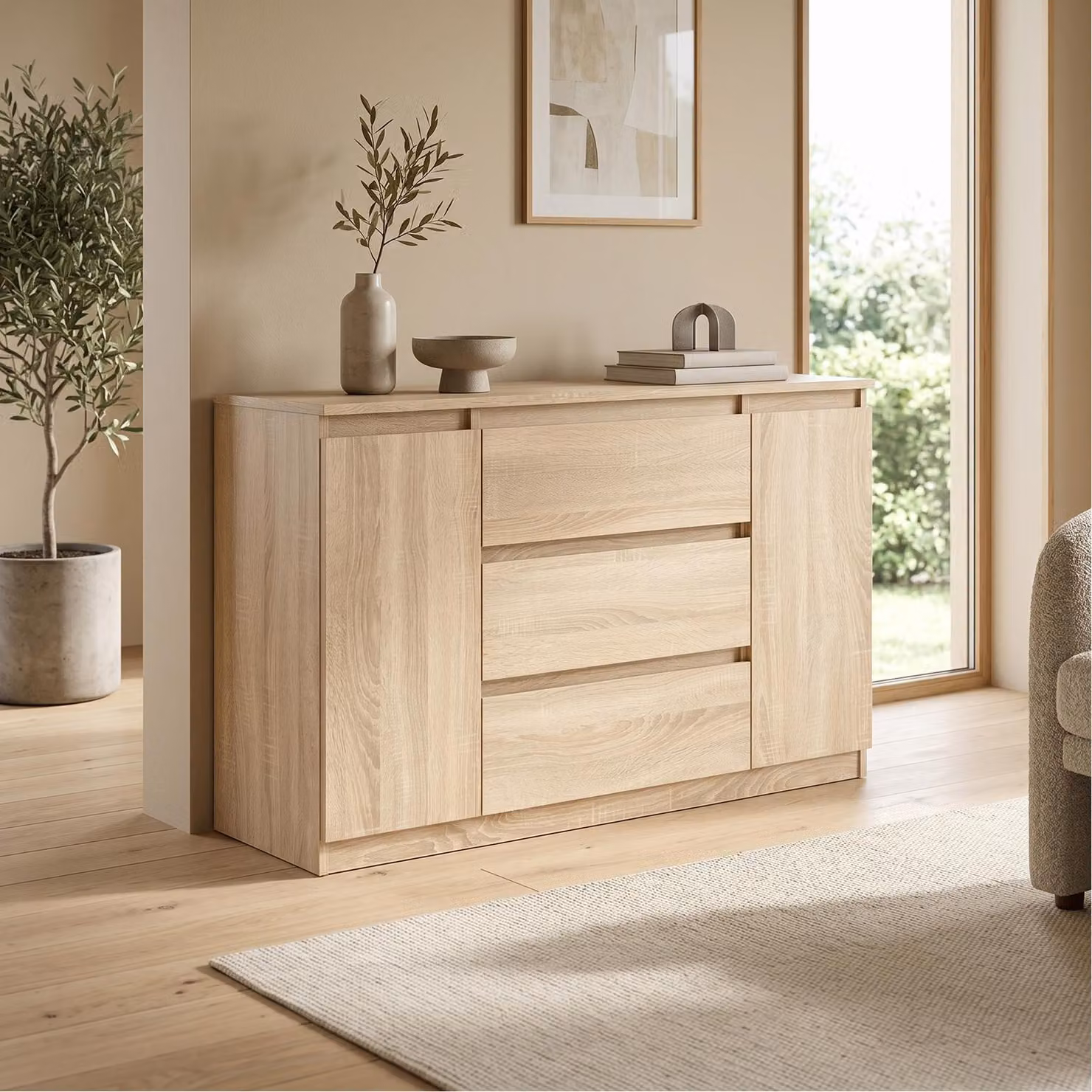 Comodà Masseno NUDO da 120 cm con 3 cassetti e 2 ante per soggiorno e camera da letto, stile moderno, 120x39x78,5 cm, rovere Sonoma / rovere Sonoma