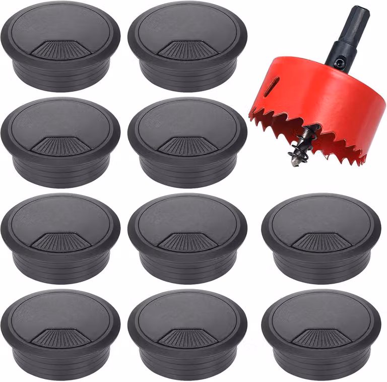 Passacavo per scrivania, diametro 60 mm - Set da 10 pezzi - Passacavo in plastica con apertura - Copertura per cavi regolabile - Sistema di gestione dei cavi per scrivania - Seghetto non incluso