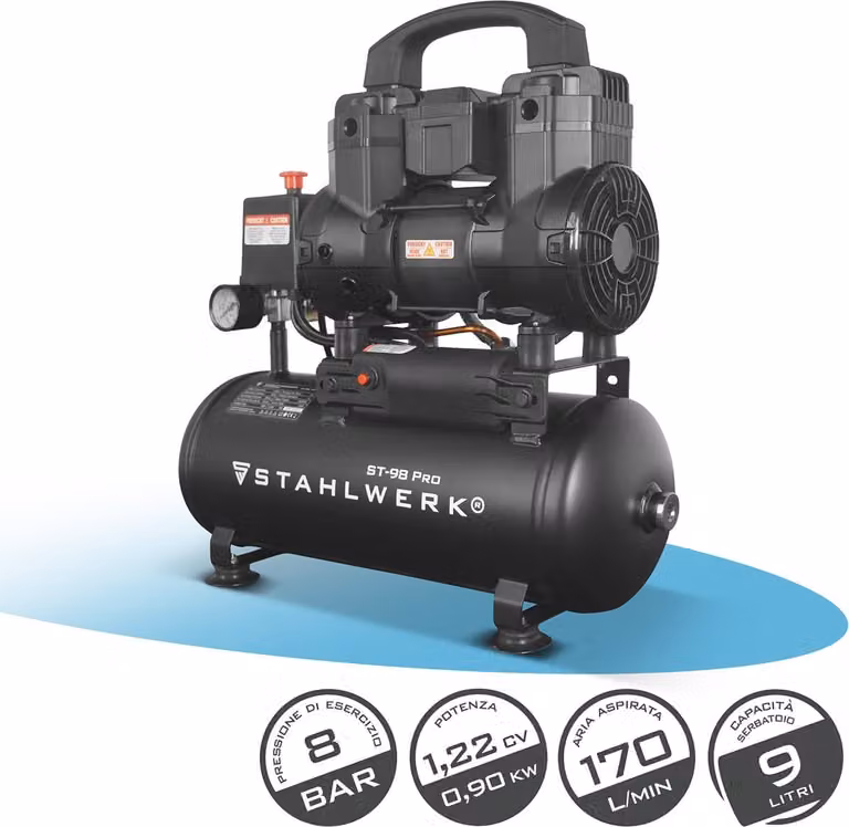 Compressore STAHLWERK con serbatoio da 9 L (ST-98 Pro) - senza olio e silenzioso, 8 bar, compressore d'aria silenzioso con motori brushless, 1,22 hp, 0,90 kW, 170 l/min