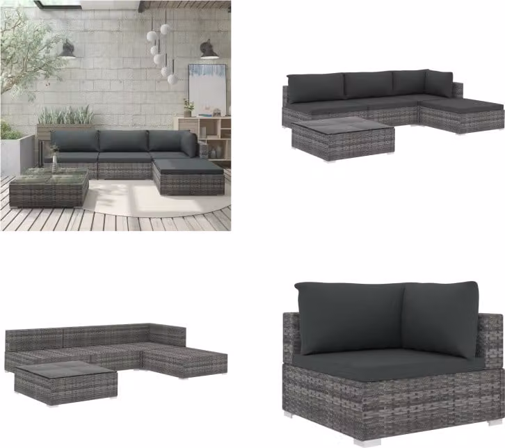vidaXL set salotto da giardino 5 pezzi con cuscini in poly rattan grigio - Set salotto da giardino - Set salotto da giardino - Divano da giardino - Divani da giardino