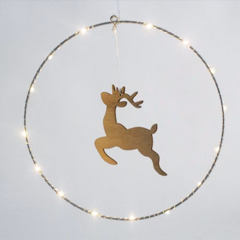 ACA Lighting cerchio decorativo sospeso con renna 20 MINI LED WW argento batteria rame 3xAA IP20 diametro 30cm (15x13cm), cavo di alimentazione trasparente 30cm X09201103