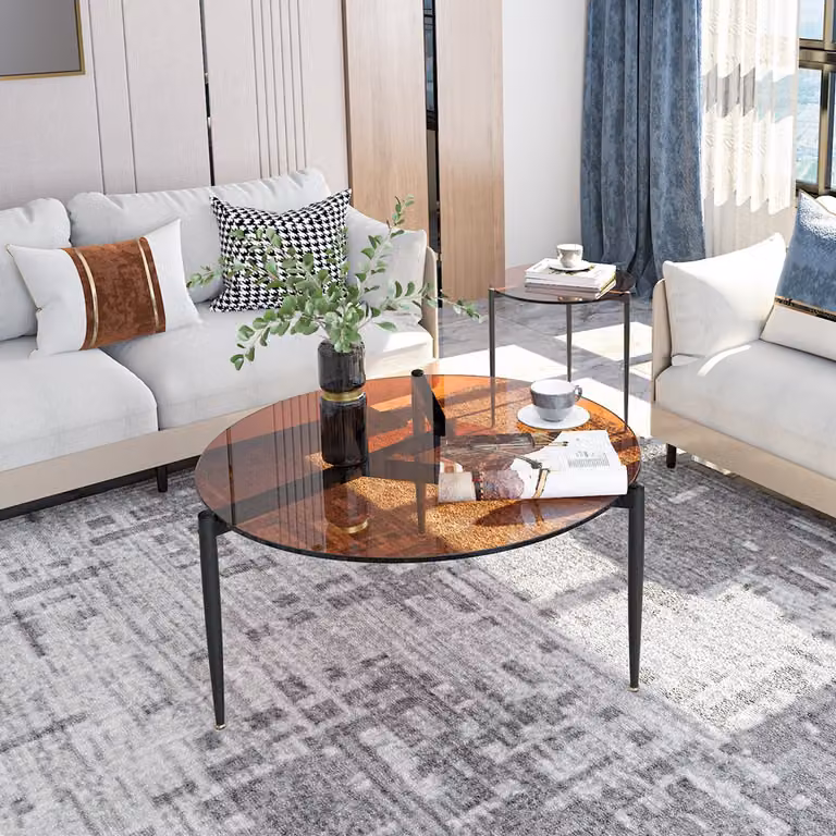 WISFOR tavolino con struttura in ferro Ø80 tavolo rotondo in vetro, tavolo da divano in robusto vetro temperato, tavolo da salotto decorativo, senso del design, marrone