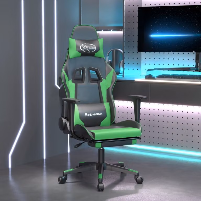 The Living Store Sedia da gioco con massaggio e poggiapiedi in ecopelle nera e verde