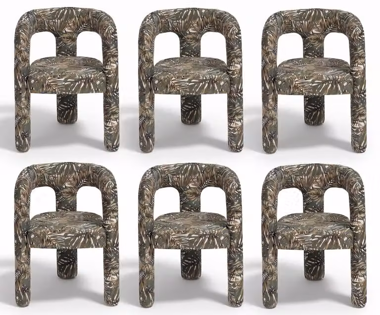 Gruppo di sedie, colore verde, tessuto decorato, design espressivo, forma scultorea, elegante
