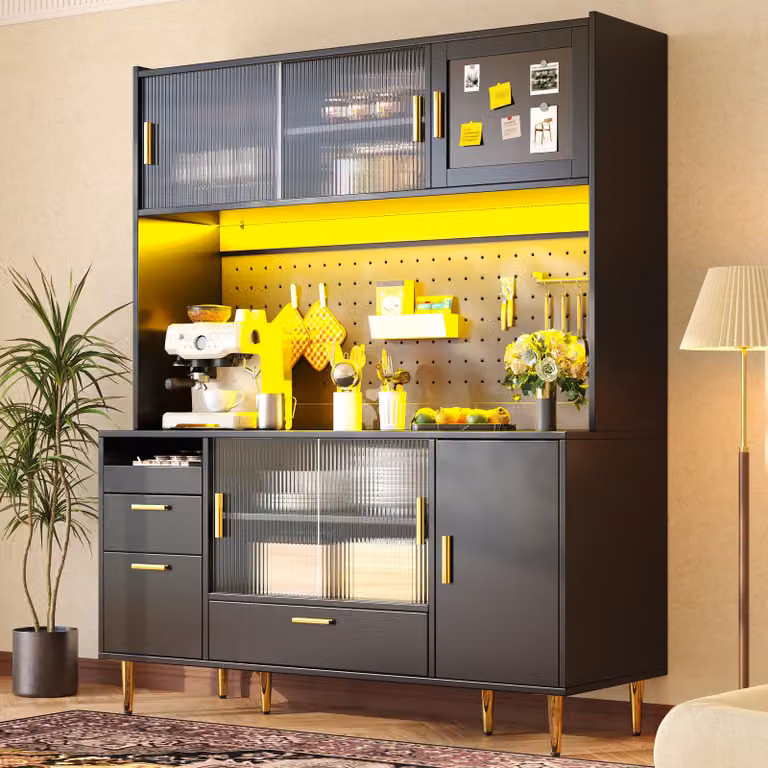 Credenza a buffet Flieks con illuminazione a LED e pannello forato, mobile da cucina con ante scorrevoli in vetro, anta magnetica, credenza alta 140x40x180 cm, nero