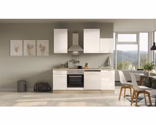 Mobile cucina con elettrodomestici Flex Well Nepal 220 cm frontale colore cashmere lucido mobile colore rovere sonoma