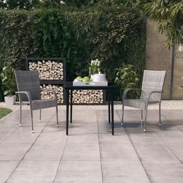 Set da pranzo da giardino moderno vidaXL in polyrattan con tavolo in vetro, 3 pezzi, Grigio e Nero – 1