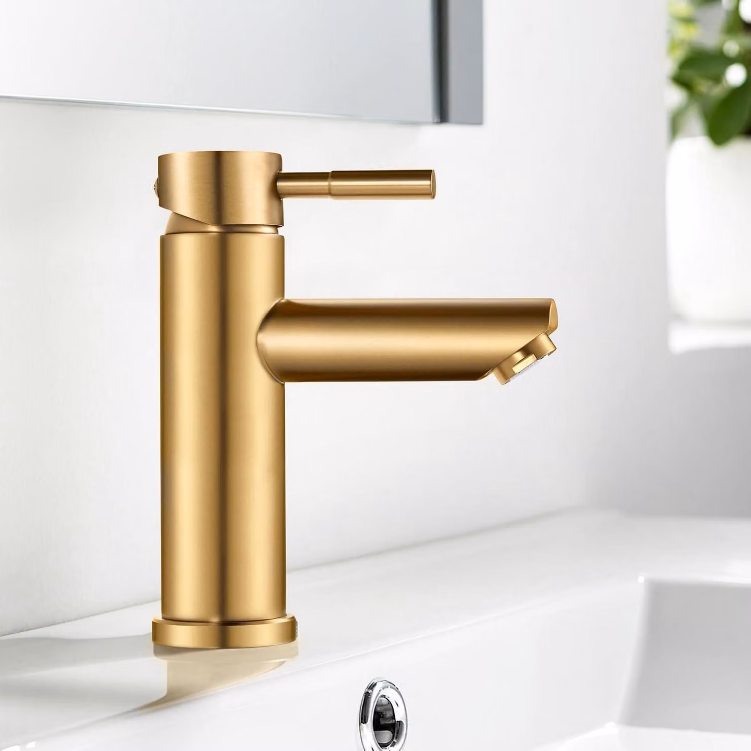 Miscelatore per lavabo, monocomando, finitura oro spazzolato, acciaio inossidabile