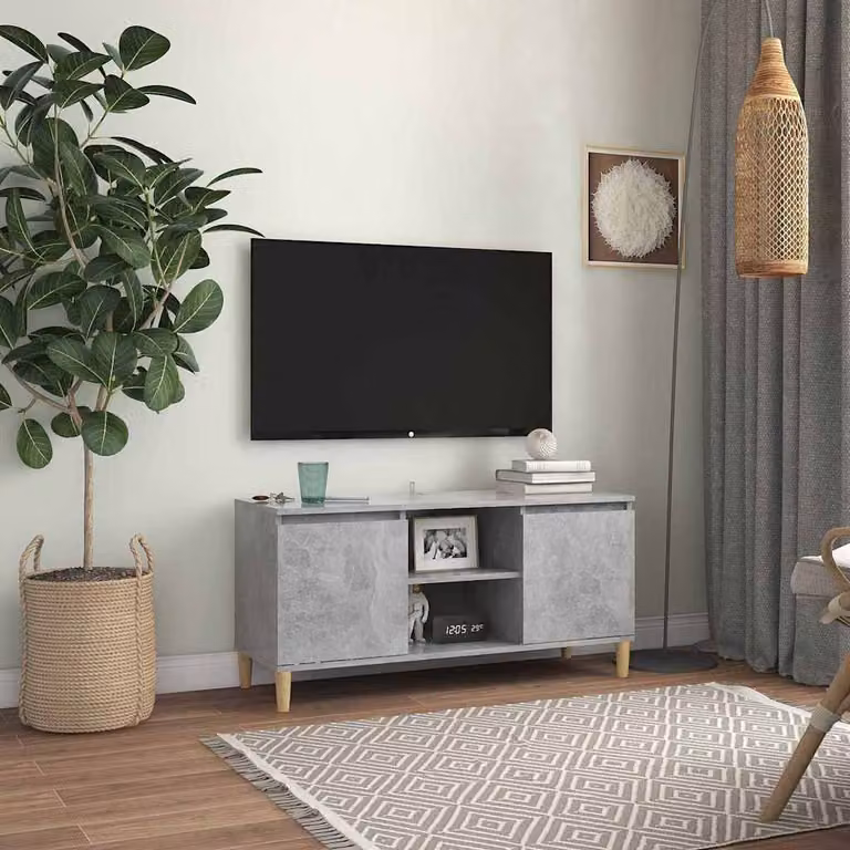Mobile TV vidaXL in stile scandinavo con gambe in legno, colore grigio cemento, L 103,5 cm x P 35 cm x H 50 cm