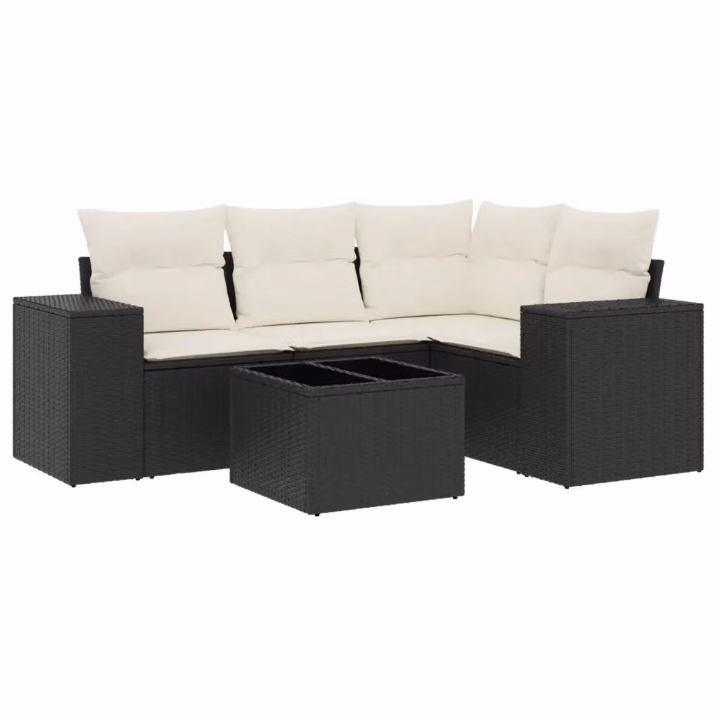 vidaXL Set Divano da Giardino a L 5 pz con Tavolino in Vetro e Cuscini, Nero e Bianco – 2