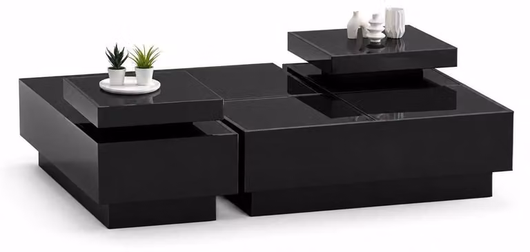 Tavolino da caffè monocromatico, minimalista, nero, multistrato, dal design innovativo
