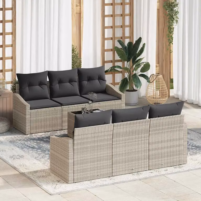 Set di divani da giardino vidaXL a forma di U in rattan e metallo, 7 pezzi, Grigio con cuscini inclusi