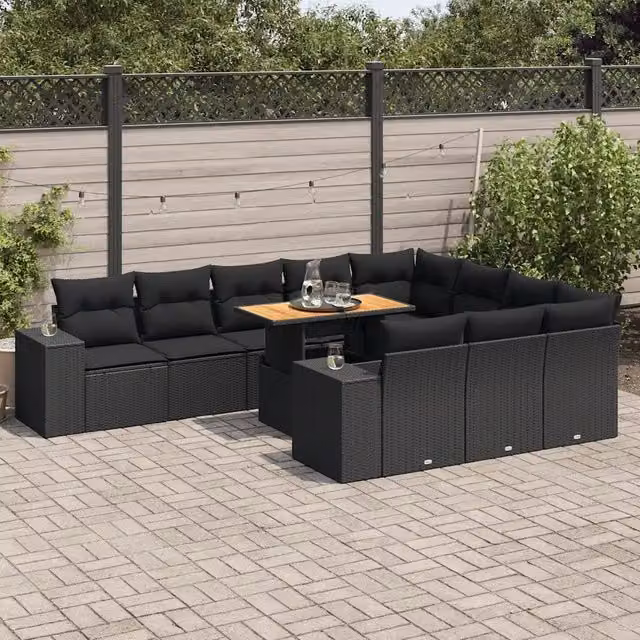 Set di divani da giardino vidaXL in polyrattan nero con cuscini e struttura in legno di acacia oliato, 10 pezzi