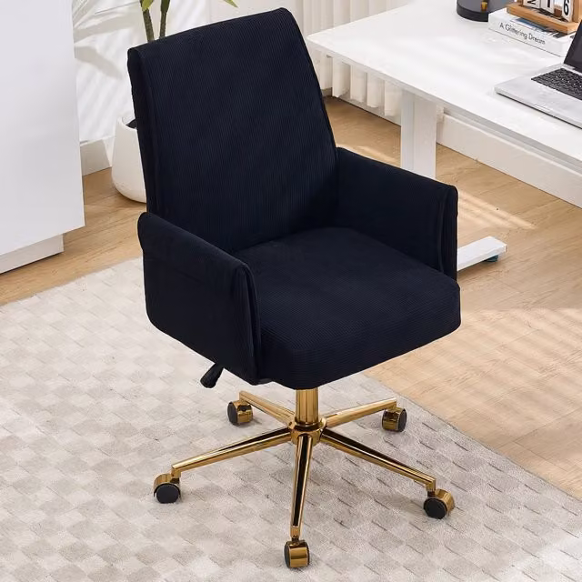 Sedia da Ufficio Girevole Ergonomica MINIMAL con Schienale Medio in Velluto a Righe, Colore Nero e Oro, con Braccioli e Struttura in Metallo – 1