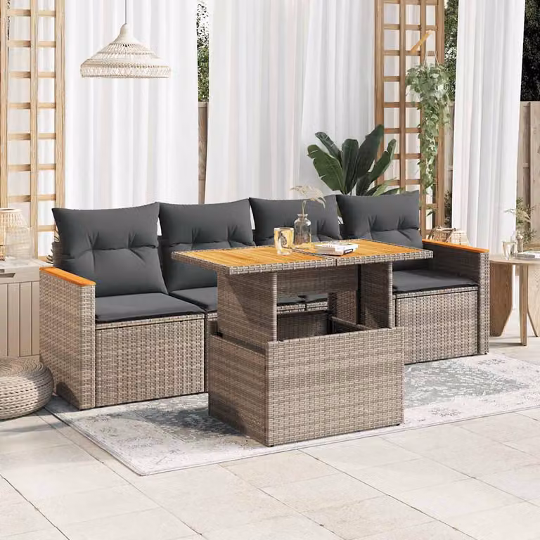Set Divano da Giardino vidaXL 5 Pezzi in Polyrattan e Legno di Acacia Grigio con Cuscini e Tavolino