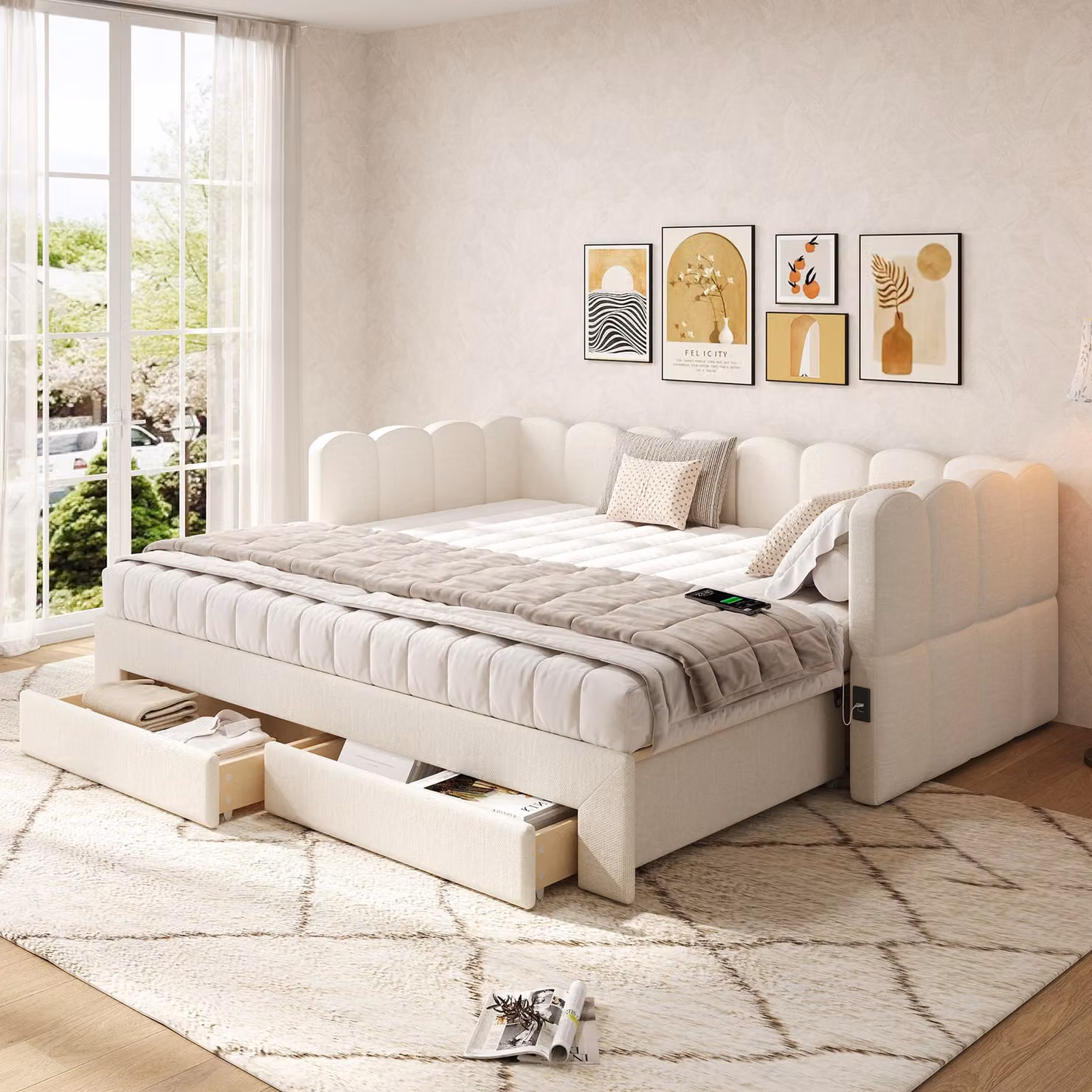 Letto imbottito Flieks 90x190 cm con letto estraibile, divano letto daybed con USB e Type-C, letto per ragazzi daybed con 2 cassetti, lino, beige