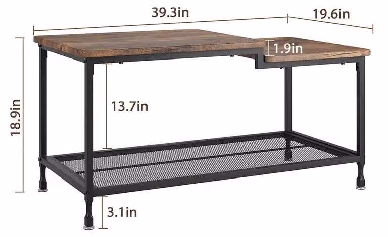 Tavolino industriale - Tavolino rettangolare a 2 piani per il soggiorno - Piano in legno rustico - Struttura in metallo con ripiano a griglia - Con spazio contenitivo - Marrone
