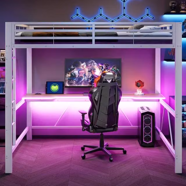 Letto a soppalco 140x200 con scrivania; LED multicolore e struttura in metallo bianco
