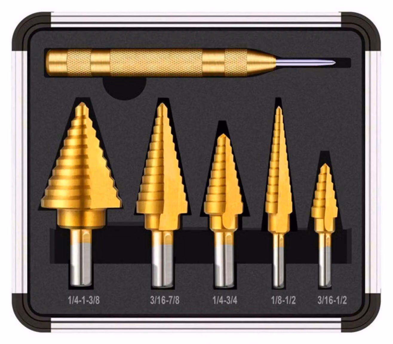 Set di punte da trapano a gradoni, 5 pezzi, in HSS con rivestimento in titanio, con sistema di avanzamento automatico, per metallo, legno e plastica