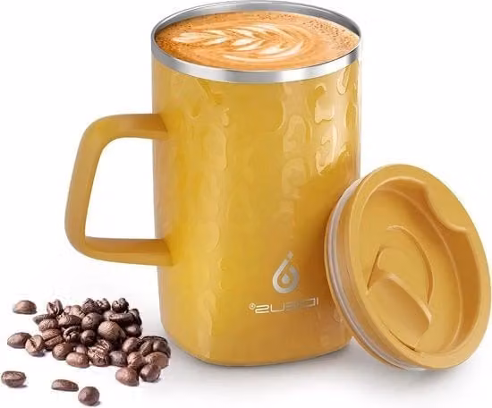 Mug termica in acciaio inossidabile e silicone con maniglia antiscivolo e coperchio, capacità 473 ml, colore giallo